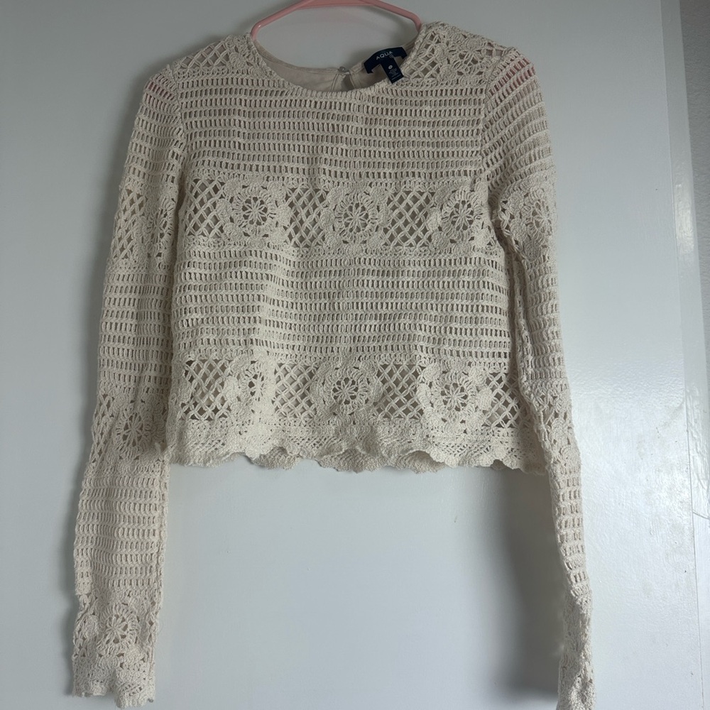 Aqua Scalloped Crochet Knit Boho Top